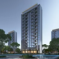 Modern High Rise Residential Building With Glass Curtain Walls And Greenery Surroundings