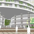 Modern Industrial Park With Glass Curtain Walls Connecting Walkway And Green Plaza