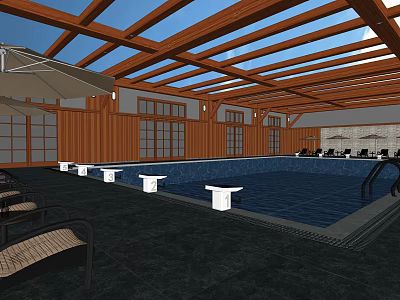 Indoor Swimming Pool With Wooden Roof Structure White Pedestals And Lounge Chairs 3d model