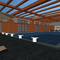 Indoor Swimming Pool With Wooden Roof Structure White Pedestals And Lounge Chairs