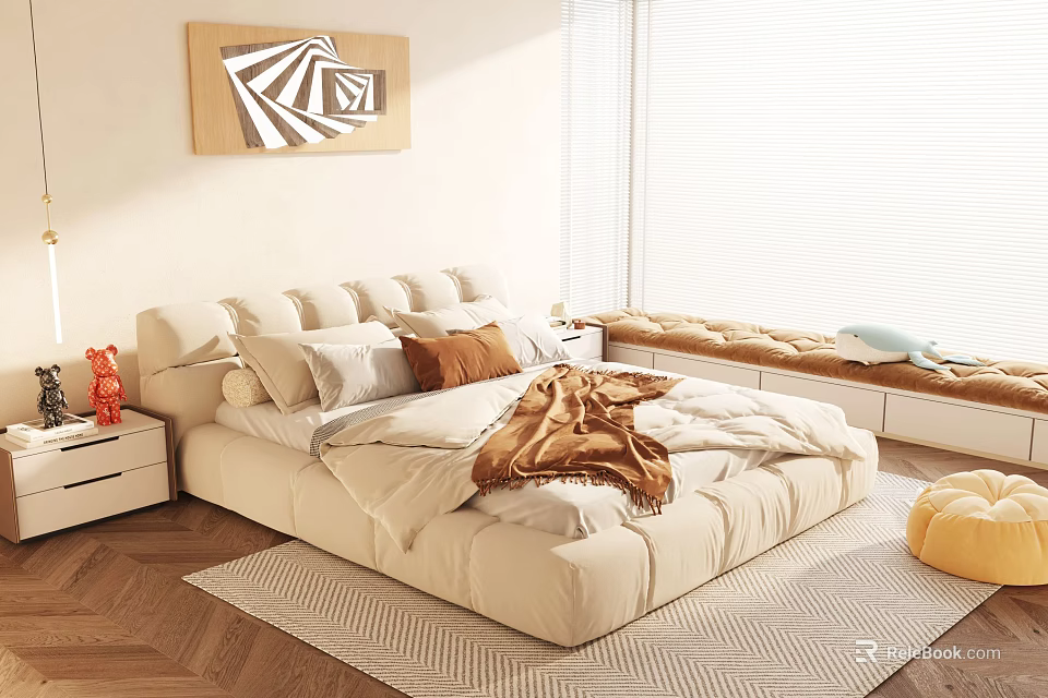 Beige Modern Double Bed With Pillows Blanket Rug And Decorative Wall Art 3d model 