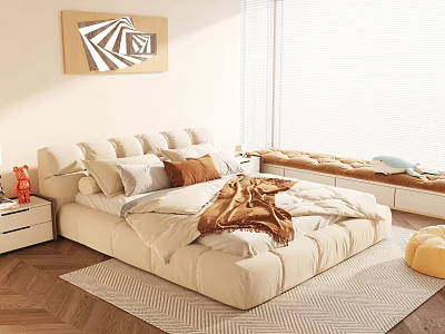 Beige Modern Double Bed With Pillows Blanket Rug And Decorative Wall Art 3d model