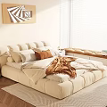 Beige Modern Double Bed With Pillows Blanket Rug And Decorative Wall Art