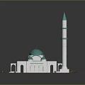 Cartoon Mosque Scene With Green Domes White Walls Twin Minarets Green Grass And 3D Design
