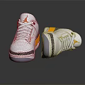 White Jordan Low Top Sneakers With Yellow Accents And Black Patterned Soles
