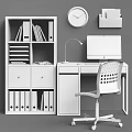 Modern Black Desk Setup With Computer Monitor Lamp Bookshelf And Chair
