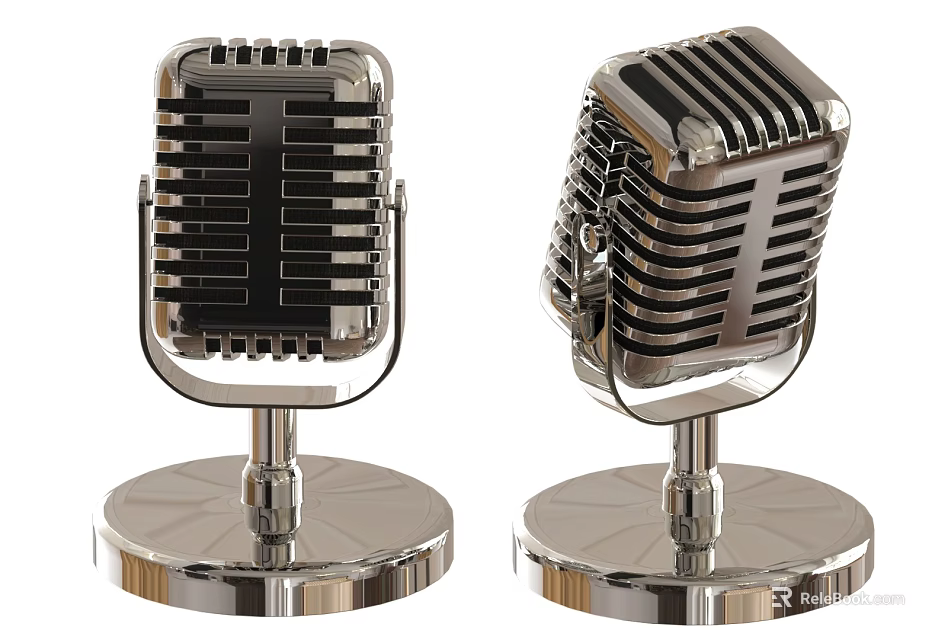 Two Vintage Silver Metal Retro Microphones With Classic Design And Sturdy Base 3d model 