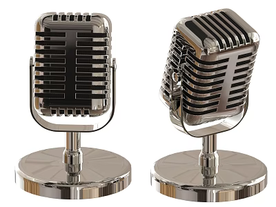 Two Vintage Silver Metal Retro Microphones With Classic Design And Sturdy Base 3d model