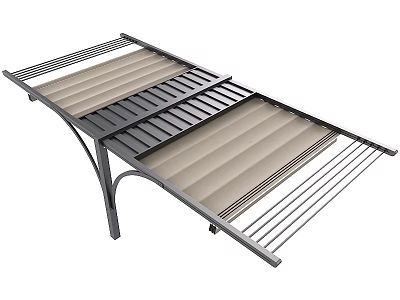 Outdoor Metal Shade Structure with Slatted Panels and Striped Covering Design 3d model