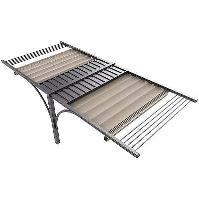 Outdoor Metal Shade Structure with Slatted Panels and Striped Covering Design 3d model