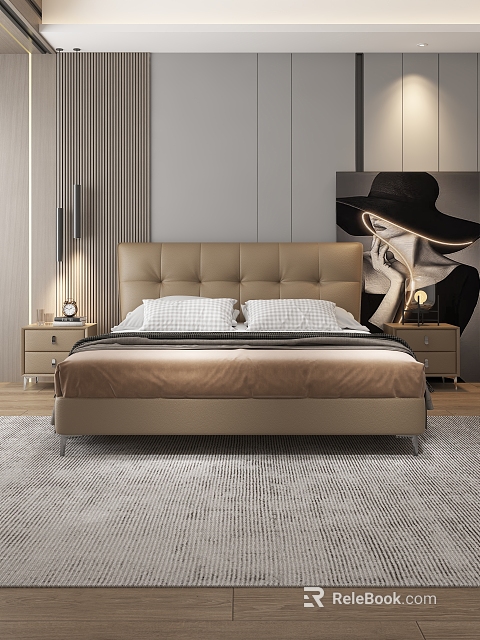 Modern Double Bed with Beige Leather Headboard Nightstands and Gray Rug in Striped Background Room 3d model 
