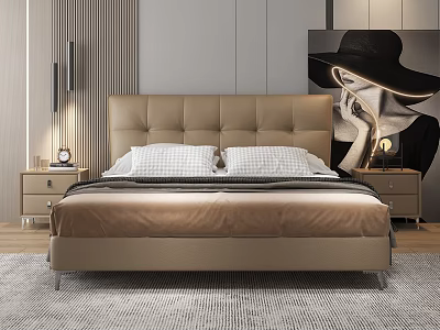 Modern Double Bed with Beige Leather Headboard Nightstands and Gray Rug in Striped Background Room 3d model
