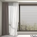 White and Brown Curtains With Blinds For Window In Modern Room With Chair And Rug
