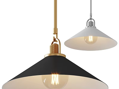 Modern Pendant Lights With Black White Conical Shade Gold Silver Metal Fixture And Exposed Bulb 3d model