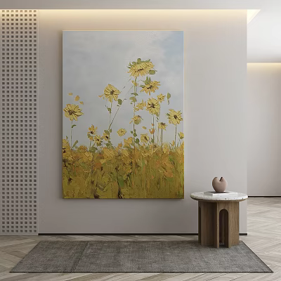 Sunflower Plant Painting with Blooming Yellow Sunflowers on Wall in Minimalist Room Near Small Table with Decorative Object 3d model