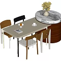 Beige Rectangular Dining Table Set With Four Chairs And Round Marble Top Green Plant 3d model