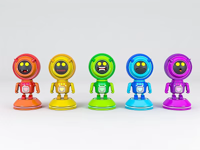 Five Colorful Smiling Robot Toy Figures In Red Yellow Green Blue Purple 3d model
