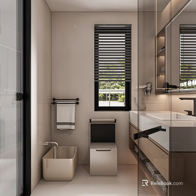 Modern Warm Beige Bathroom Interior Design With Window Blinds Glass Shower Partition And Storage Cabinets 3d model 