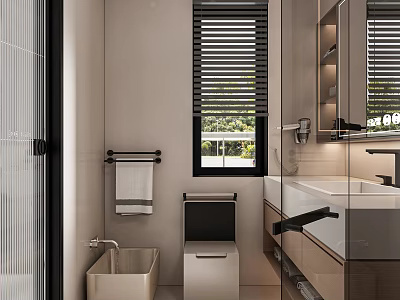 Modern Warm Beige Bathroom Interior Design With Window Blinds Glass Shower Partition And Storage Cabinets 3d model
