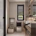 Modern Warm Beige Bathroom Interior Design With Window Blinds Glass Shower Partition And Storage Cabinets