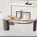 Elegant Modern Coffee Table With Marble Top Fireplace Background Fruit Plate Vase And White Cup