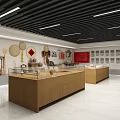Traditional Artifacts Exhibition Hall With Wooden Display Cases Glass Tops And Wall Decorations