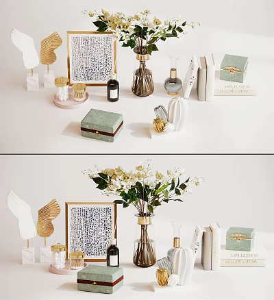 Decorative Ornament Set With Vase Flowers Picture Frame Boxes Books And Wings 3d model