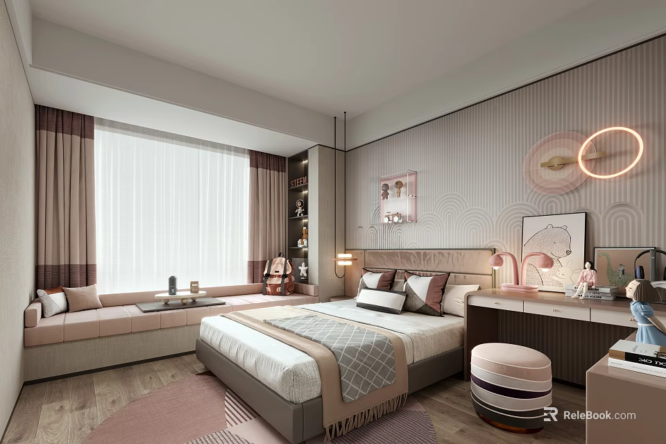 Cozy Kids Room Interior With Bed Window Curtains Decorative Paintings Soft Rug And Bookshelf 3d model 
