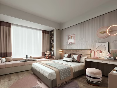 Cozy Kids Room Interior With Bed Window Curtains Decorative Paintings Soft Rug And Bookshelf 3d model