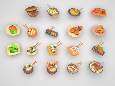 Various Types of Delicious Food Dishes Including Burgers Sushi Noodles And Pizza 3d model