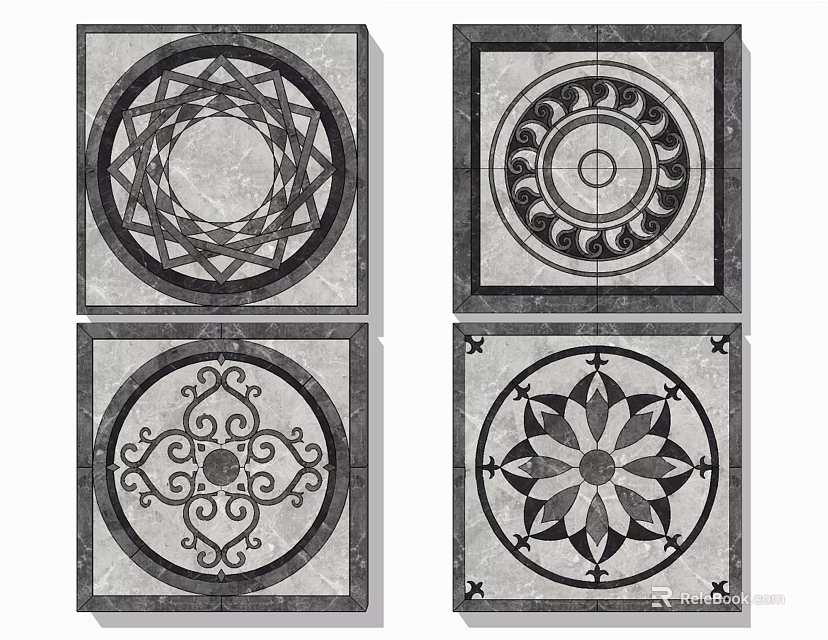 Floor with Square Decorative Tiles Featuring Four Different Intricate Geometric Patterns 3d model