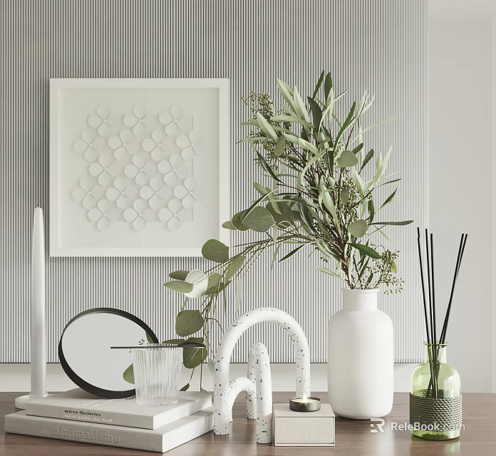 Decorative Ornament Set with Geometric Art Green Plants White Vase Round Mirror and Striped Wallpaper 3d model 