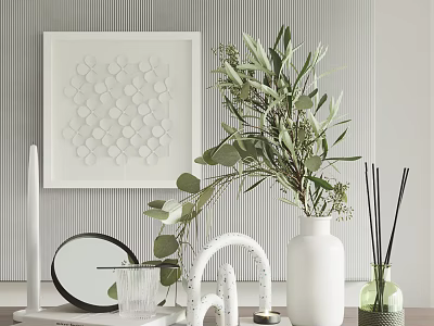 Decorative Ornament Set with Geometric Art Green Plants White Vase Round Mirror and Striped Wallpaper 3d model