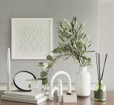 Decorative Ornament Set with Geometric Art Green Plants White Vase Round Mirror and Striped Wallpaper 3d model