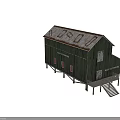Green Wooden Mill Wharf Storehouse with Rusty Metal Roof Stilted Base and Windows with Shutters