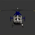 Blue and White Helicopter Model with Yellow Tip Rotors and Detailed Fuselage on Reflective Surface