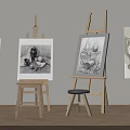 Wooden Easels Displaying Artworks on Canvas in Bright Room with Light Wall and Wooden Floor