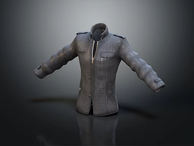 Gray Stand Collar Coat With Zipper Front And Textured Fabric Design 3d model