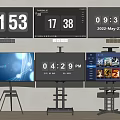 Multiple TVs Displaying Time Date Digital Interface And Streaming Content On Stands