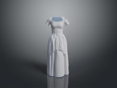 Man Displaying White Long Dress 3D Model on Gray Background with Reflective Floor 3d model