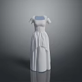 Man Displaying White Long Dress 3D Model on Gray Background with Reflective Floor
