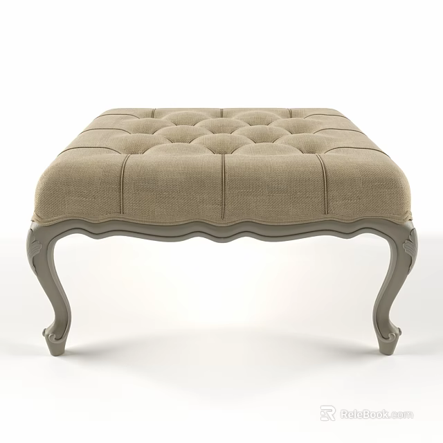 Beige Upholstered Ottoman With Tufted Surface And Elegant Curved Wooden Legs 3d model 