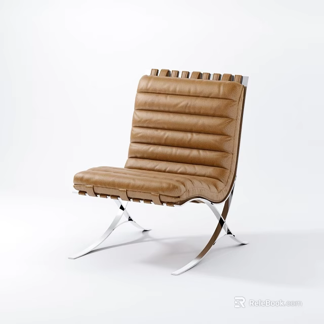 Modern Brown Leather Leisure Chair With Stitched Design And Metal Legs 3d model 