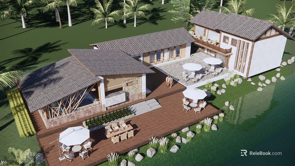 Tropical Boutique Villa Architecture with Palm Trees Wooden Roof and Waterfront Terrace 3d model 