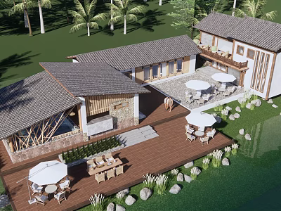 Tropical Boutique Villa Architecture with Palm Trees Wooden Roof and Waterfront Terrace 3d model