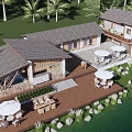 Tropical Boutique Villa Architecture with Palm Trees Wooden Roof and Waterfront Terrace