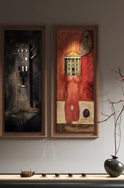 Abstract Paintings Hanging on Wall Dark Tones Architectural Staircase Red Human Figure and Decorative Twig 3d model