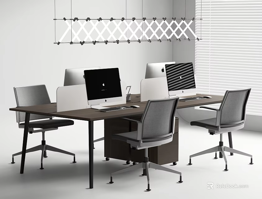 Large Modern Office Desk With Computer Monitors Office Chairs And Pendant Light 3d model 