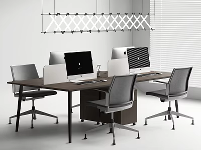 Large Modern Office Desk With Computer Monitors Office Chairs And Pendant Light 3d model
