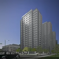 Modern High Rise Residential Building with Glass Curtain Walls Surrounded by Trees Streetlights and Cars